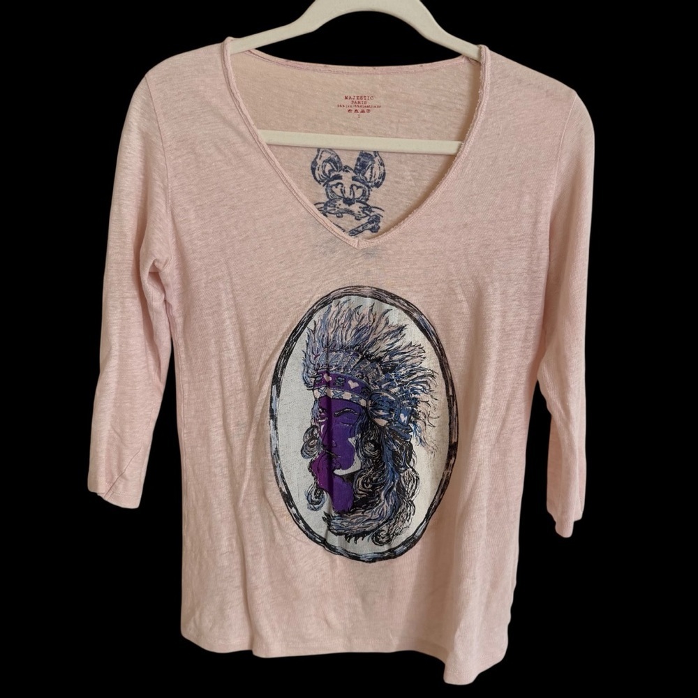 Majestic Filatures Paris Sz 1‎ Pink Linen Blend Graphic T Shirt Top Native Woman